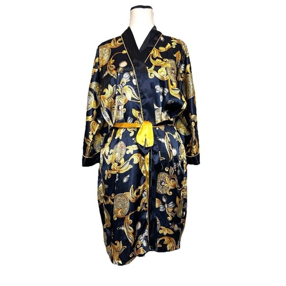 Mystique Intimates Kimono Robe Navy & Gold Tie Front Satin Bathrobe Women‎ OS - Picture 1 of 8